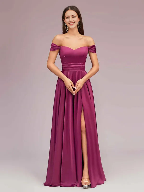Robe de soirée sexy en satin plissé, épaules dénudées, fente latérale, coupe trapèze, longue et douce